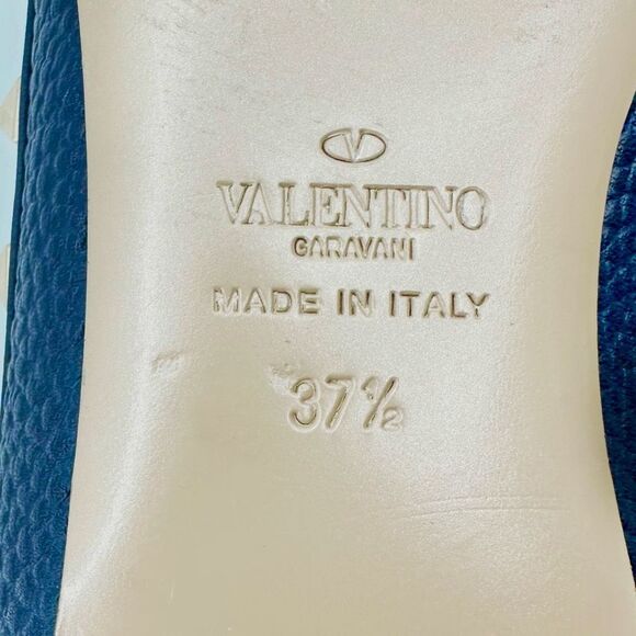 VALENTINO Rockstud Navy Blue Flat Size 37.5 Pointed Toe Leather Gold Stud - Picture 11 of 12